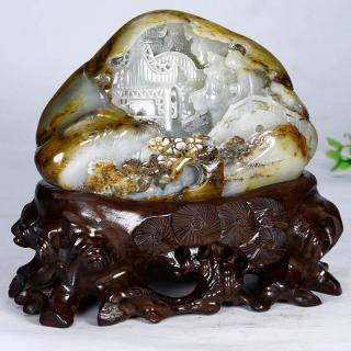 和田玉松下���子摆件830g 送底座