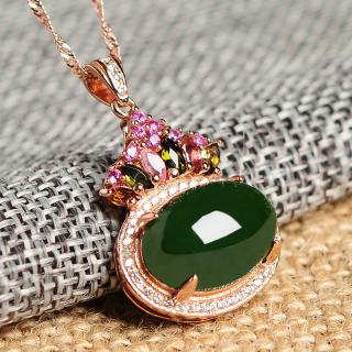 和田玉碧玉镶嵌s925镶彩虹碧玺女款玉石坠项链玉坠饰品 带证书送女朋